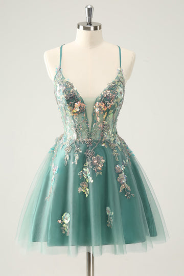 Vestido de fiesta corto con tirantes finos, lentejuelas brillantes y corte A en gris y verde